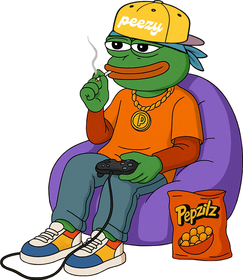 peezyBeanbag2 Pepe the Frog standing with a golden pot, humorously symbolizing meme coin liquidity and market dynamics in Peezy Coin.