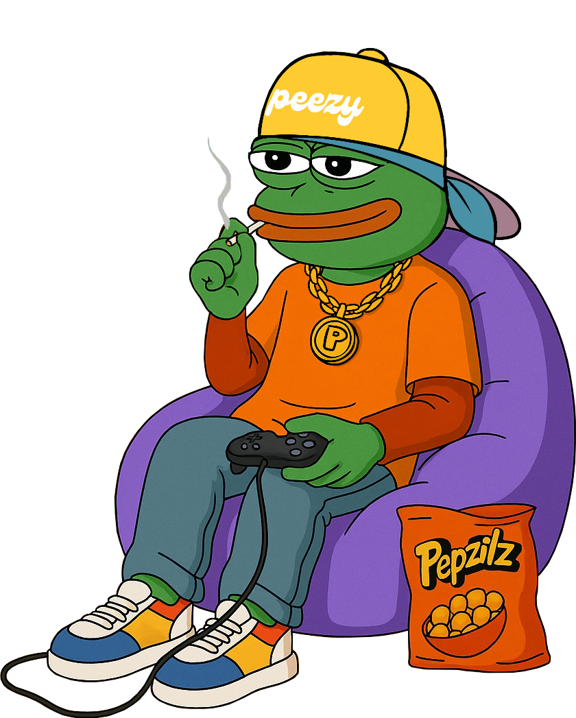 peezyBeanbag Pepe the Frog standing with a golden pot, humorously symbolizing meme coin liquidity and market dynamics in Peezy Coin.